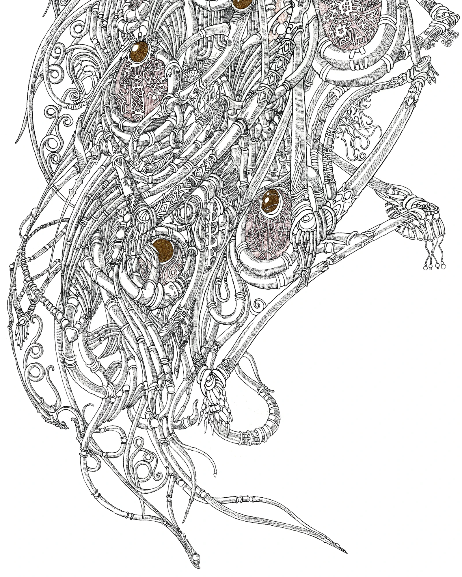 Close-up showing fine ink strokes, cross-hatching and metallic gold and silver lines on textured paper, emphasizing intricate mark-making and layered detail, delicate and contemplative in tone