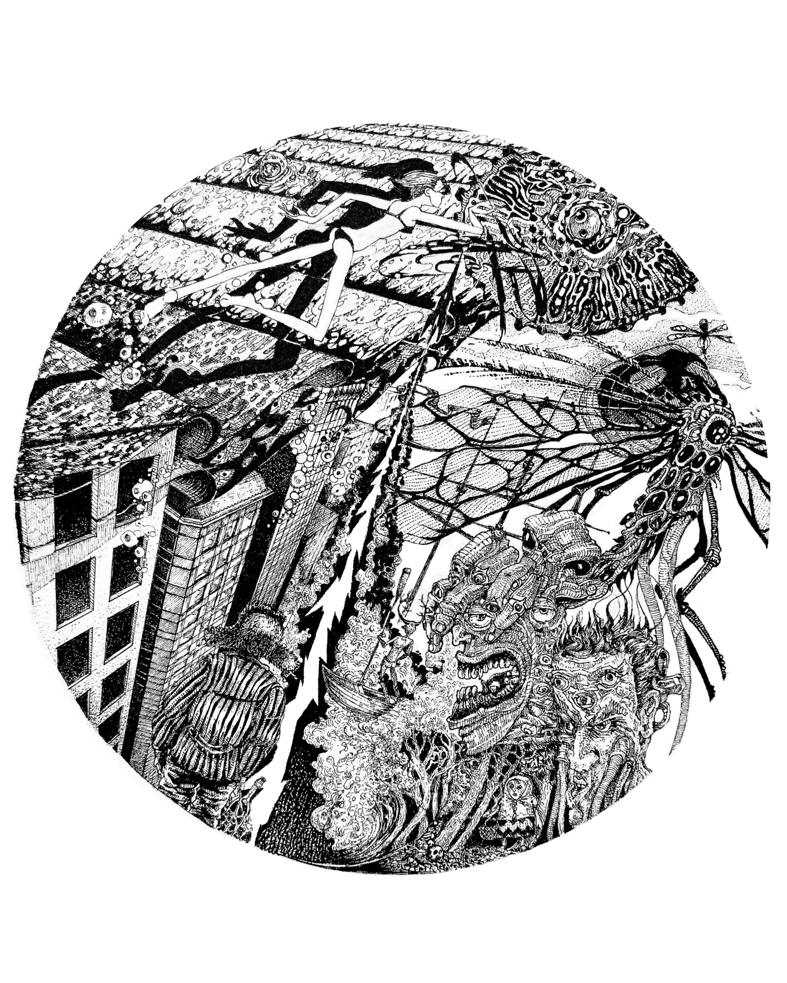 Black and white interior illustration.